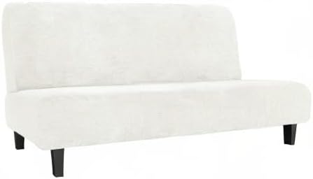 Easy-Going Stretch Futon Slipcover Armless Futon Bed Cover Furniture Protector Without Armrests with Elastic Bottom for Kids, Soft Jacquard Fabric Small Checks (Large, Cream)
