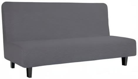 Easy-Going Stretch Futon Slipcover Armless Futon Bed Cover Furniture Protector Without Armrests with Elastic Bottom for Kids, Soft Jacquard Fabric Small Checks (Large, Grey)