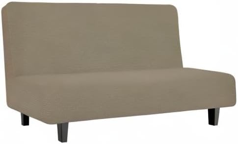 Easy-Going Stretch Futon Slipcover Armless Futon Bed Cover Furniture Protector Without Armrests with Elastic Bottom for Kids, Soft Jacquard Fabric Small Checks (Medium, Natural)