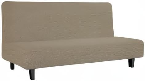 Easy-Going Stretch Futon Slipcover Armless Futon Bed Cover Furniture Protector Without Armrests with Elastic Bottom for Kids, Soft Jacquard Fabric Small Checks (Large, Natural)