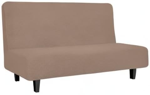 Easy-Going Stretch Futon Slipcover Armless Futon Bed Cover Furniture Protector Without Armrests with Elastic Bottom for Kids, Soft Jacquard Fabric Small Checks (Medium, Camel)