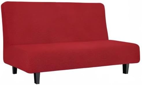 Easy-Going Stretch Futon Slipcover Armless Futon Bed Cover Furniture Protector Without Armrests with Elastic Bottom for Kids, Soft Jacquard Fabric Small Checks (Medium, Christmas Red)