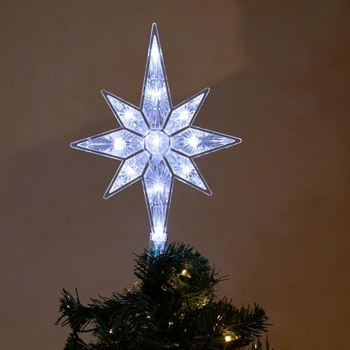 Alpine Corporation 13" Tall Snowflake 8-Point Tree Topper with 11 Cool White LED Lights, Christmas Decoration with Timer Function, and Radiant Glow for Holiday Trees - Image 6