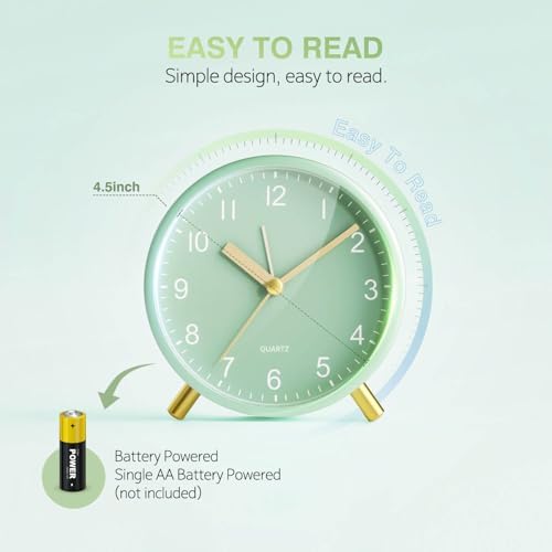 Analog Alarm Clock, Silent Non-Ticking with Night Light, Fashionable Round Metal Alarm Clock for Office, Battery Operated, Bedroom, Elderly, Adults, Children, Student Gifts - Image 6