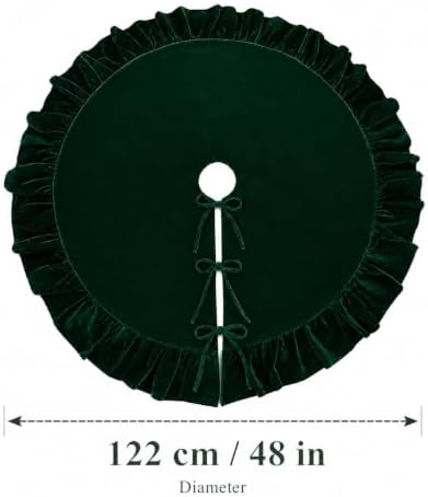 48-Inch Dark Green Ruffled Velvet Christmas Tree Skirt with 3 Bow Ties, Large Round Xmas Tree Base Cover for Holiday Home and Party Decor, 122 cm - Image 5