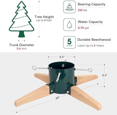 HarcoHome Christmas Tree Stand for Live Tree 8ft, Metal and Beech Hardwood Christmas Tree Holder with Spike for Fresh Tree, Tree Base for Real Tree, Arch Design, Seasonal Decor (Green) - Image 6