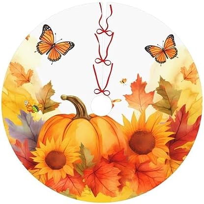 Fall Sunflowers Pumpkins Tree Skirts Xmas Ornaments, Butterflies Tree Mat for Christmas Party Holiday All Occasions 48" - Image 7