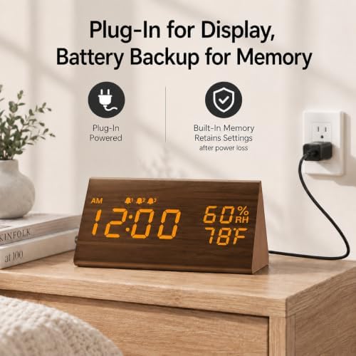 JALL Wooden Digital Alarm Clock for Bedrooms and Office, 3 Alarms with Big Digits, Humidity and Temperature Display, 6-Level Dimmer, Snooze, Loud Desk Clock for Heavy Sleepers, Plug in (Brown) - Image 6