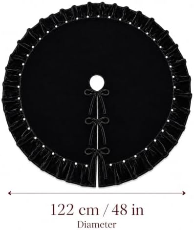 Black Velvet Christmas Tree Skirt 48 Inch – Pearl Beaded Ruffle Trim Xmas Tree Skirt with Bows, Festive Christmas Tree Base Cover for Holiday Party Home Decorations - 122cm - Image 6