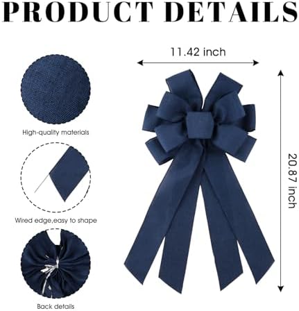 Indigo Blue Large Bow for Wreath Tree Topper 11x21 Inch Linen Texture Wired Ribbon Big Bows for Front Door Fall Christmas Boho Wedding Graduation Decor Gift - Image 2