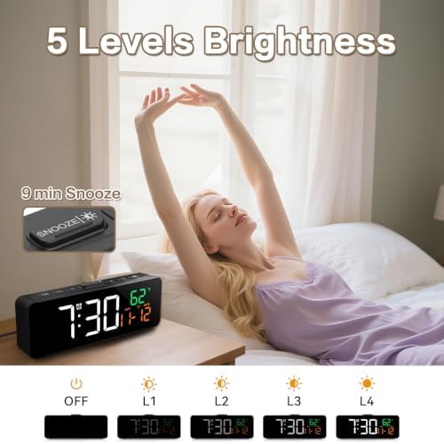 Netzu 3-in-1 Digital Clocks for Living Room, Small & Compact Alarm Clock | Temperature, Date & Time Display, 4 Birghtness, 3 Volumes, Plug-in, for Bedroom, Office - Image 6