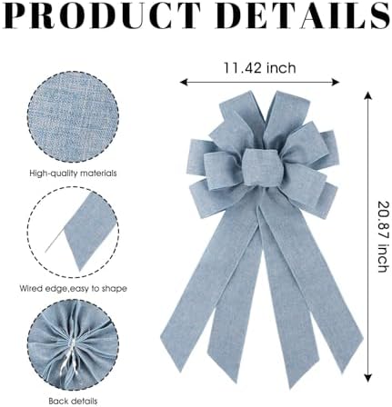 Dusty Blue Large Bow for Wreath Tree Topper 11x21 Inch Linen Texture Wired Ribbon Big Bows for Front Door Wedding Bridal Baby Shower Farmhouse Decor Gift - Image 2