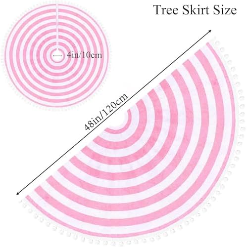 48 Inch Pink and White Christmas Tree Skirt with Pom Poms - Image 6