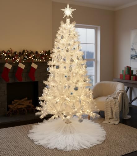 AOGU 60 Inch Fluffy Tulle Christmas Tree Skirt Vintage and Elegant Design Perfect for Christmas Tree Decorations White - Image 5