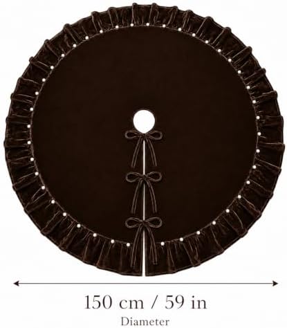 Chocolate Brown Velvet Christmas Tree Skirt 60 Inch – Pearl Beaded Ruffle Trim Xmas Tree Skirt with Bows, Festive Christmas Tree Base Cover for Holiday Party Home Decorations - 150cm - Image 5