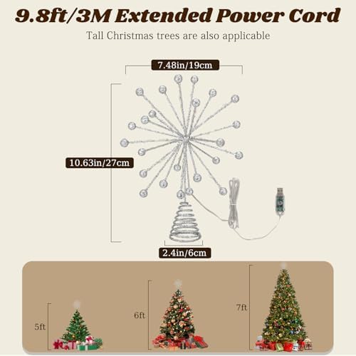 Lewondr Christmas Tree Topper, 10.6" Lighted 3D Starburst Treetop, Silver - Image 6