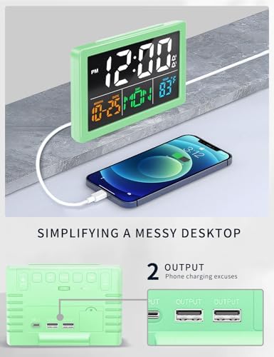 JALL Digital Clock with Date Day for Seniors, Electric Alarm Clocks for Bedrooms with Temperature, 2 Alarms, Dimmer, Dual USB Charger, Battery Backup, Volume Control, Snooze, Bedside Desk Clock, Green - Image 6