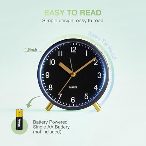 Analog Alarm Clock, Silent Non-Ticking with Night Light, Fashionable Round Metal Alarm Clock for Office, Battery Operated, Clock for Bedroom, Elderly, Adults, Children, Student Gifts - Image 6
