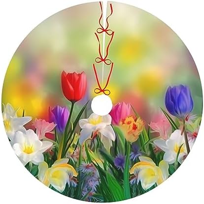 Summer Colorful Flowers Tree Skirts Xmas Ornaments, Spring Floral Tree Mat for Christmas Party Holiday All Occasions 48" - Image 7