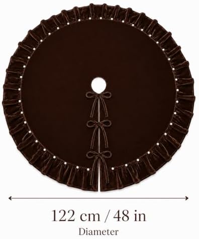 Chocolate Brown Velvet Christmas Tree Skirt 48 Inch – Pearl Beaded Ruffle Trim Xmas Tree Skirt with Bows, Festive Christmas Tree Base Cover for Holiday Party Home Decorations - 122cm - Image 5