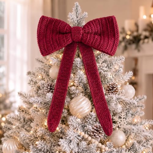 Syhood 12 Inch Crochet Bow Christmas Tree Topper Burgundy Christmas Ornament Farmhouse Holiday Xmas Decor for Xmas Trees Ornament Party Decoration by Syhood