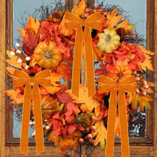 Hongsome 12Pcs Fall Velvet Ribbon Bows Tree Decorations 5in x 10in Orange - Image 6
