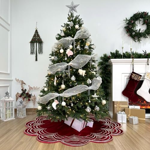 60-Inch Beaded Scalloped Christmas Tree Skirt in Foam-Lined Satin, Button-Loop Closures, Cranberry - Image 6