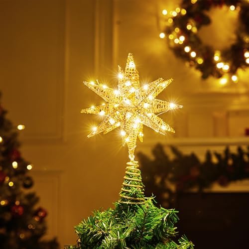 JOIEDOMI 7.8" Metal 3D Star Christmas Tree Topper Golden Glitter Decorations with 56 LED Warm White with Plug Timer Ornaments Treetop Home Holiday Party Indoor Decor - Image 7