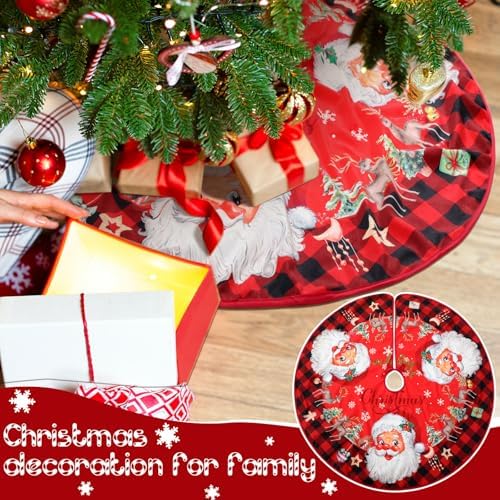 Vintage Santa Claus Christmas Tree Skirt 48 Inch Red Buffalo Plaid Xmas Tree Skirt with Santa Reindeer Snowflake for Indoor Outdoor Farmhouse Merry Christmas Holiday Party Decor - Image 6