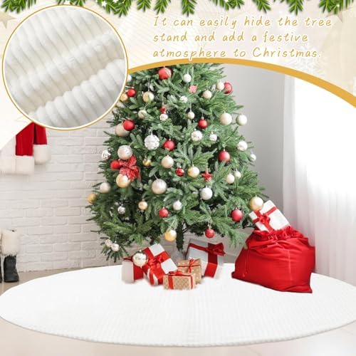 72 Inch Large Faux Fur White Christmas Tree Skirt for 7.5ft to 12ft Tree with Stripe Textured Pattern Soft Beige Boho Luxury Xmas Trees Decorations for Party Home Decor - Image 6