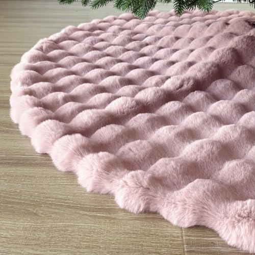 48-Inch Puff Quilt Faux Fur Christmas Tree Skirt, Soft Plush Tufted Texture with Satin Ribbon Ties, Baby Pink - Image 6
