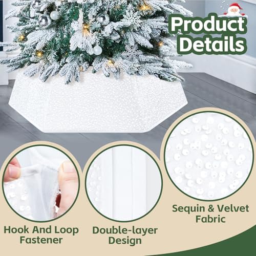 White Christmas Tree Collar for 9 ft Tree Foldable 31.49 Inch Sequin Christmas Tree Ring Velvet Tree Skirt Cover for Xmas Pencil Tree Holiday Decor - Image 6
