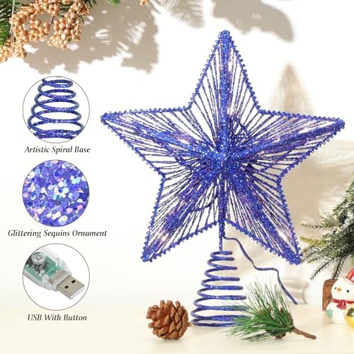 Lewondr Lighted Christmas Star Tree Topper with Remote & Timer, Blue - Image 6