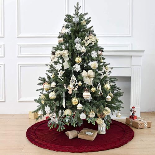 NIBESSER Knit Tree Skirt Red 48" Christmas Tree Skirt Red Knitted Tree Skirt Mat for Christmas Decorations Yarn Thick Rustic Cable Knit Tree Mat for Home Party Holiday Ornaments - Image 7