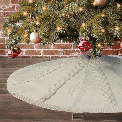 48 inch Christmas Tree Skirt: Multiple Braided Cable Knit Tree Skirt for 7.5ft Tree, Cream White Tree Skirt, Vintage Tree Skirts, Rustic Farmhouse Christmas Decorations - Image 6