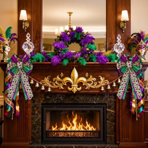 Mardi Gras Tree Topper Bow Decorations,12?€?x20?€? Large Glitter Wreath Bow Decor for Tree Holiday Party Wall Home Front Door Float Golf Cart Gold Green Purple - Image 6