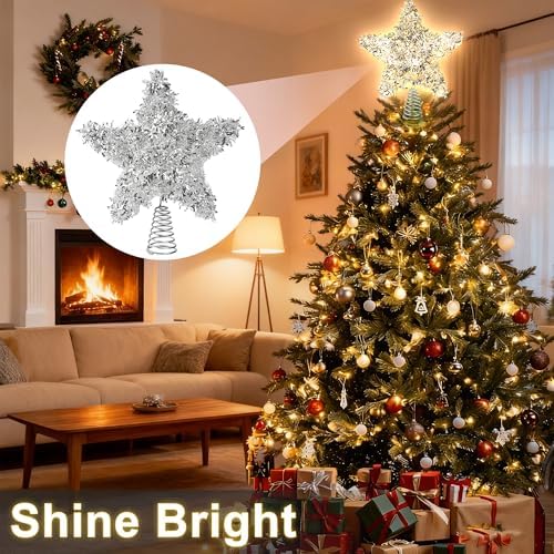LAWOHO Christmas Tree Topper Star, Exquisite Christmas Decor, 10 Inch Shiny Silver Christmas Tree Decoration with 6H Timer, 20 Warm LED Lights for Xmas Tree, Holiday & Party, Indoor Decor - Image 6