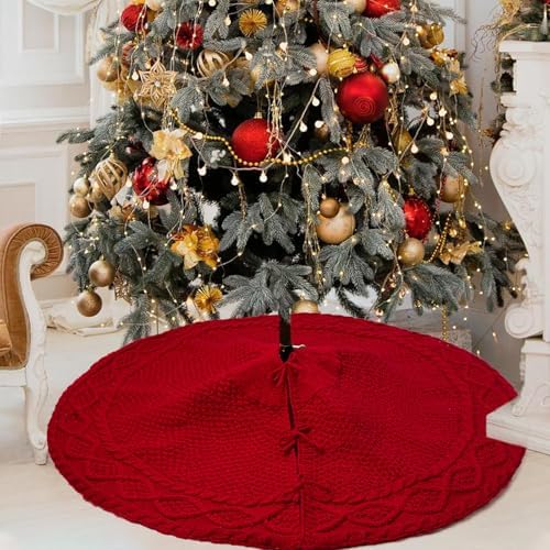 24 Inch Red Christmas Tree Skirt, Knitted Tree Skirt for 3-4Ft Pencil Tree, Vintage Thick Small Tree Skirt for Christmas Trees Decoration, Xmas Home Indoor Farmhouse Decorations - Image 7