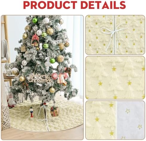 AVOIN colorlife Soft Plush Faux Fur Christmas Tree Skirt 48 Inch, Jacquard Beige Xmas Star Pine Trees Winter Holiday Mat Decoration - Image 6