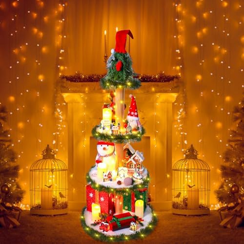 Christmas Tree Xmas Display Stand with Snow Blanket Garland and String Light DIY Wooden Village Display Shelves for Holiday Decoration(4 Tier, 4 ft) - Image 6