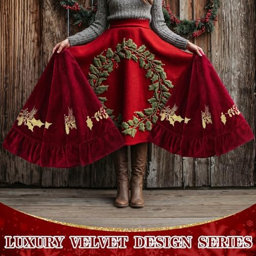 60 Inches Velvet Christmas Tree Skirt Wine Red with Gold Embroidered Holly Fur Plush Tree Skirt Luxury Xmas Skirts for Merry Christmas Party Vintage Holiday Decorations - Image 6