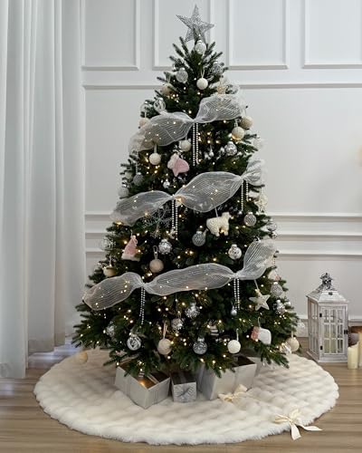 60-Inch Puff Quilt Faux Fur Christmas Tree Skirt, Soft Plush Tufted Texture with Satin Ribbon Ties, Cream - Image 6