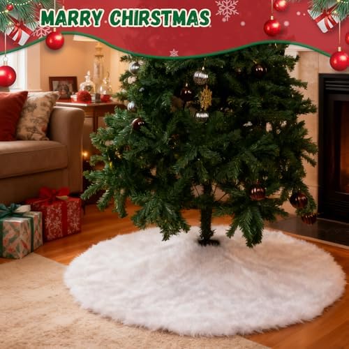 Christmas Tree Skirt White, 48 Inch Soft Faux Fur Xmas Tree Skirts, Large Luxury Velvet Plush Christmas Trees Decoration, White Ornaments for Christmas Holiday Party Indoor Party Home Decor - Image 6