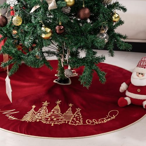 CROWNED BEAUTY 50 Inch Red Velvet Christmas Tree Skirt, Tree Embroidery - Image 7