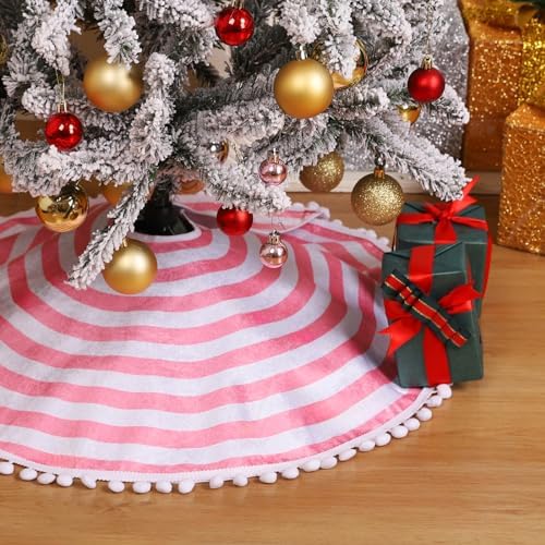 30 Inch Pink and White Christmas Tree Skirt with Pom Poms - Image 6