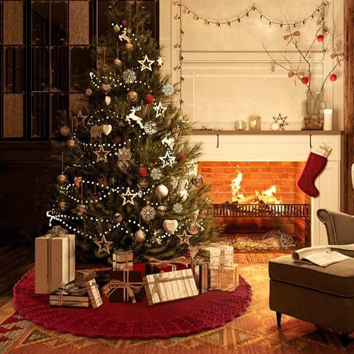 Christmas Tree Skirt 36 Inch Knitted Xmas Tree Skirt Cable Knit Tree Skirt Christmas Tree Decorations for Farmhouse Xmas Holiday Home Party(Red, 36in) - Image 7
