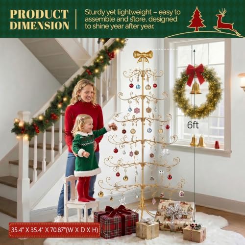 VINGLI 6ft Metal Christmas Ornament Tree Stand w/Bow Topper, 192 Branches, Decorative Iron Display Tree for Hanging Ornaments, Wrought Iron Christmas Tree Decoration for Holiday Home Decor, Gold - Image 7
