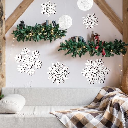 Whaline 6 Pcs Christmas Snowflake Wooden Wall Decor White Snowflake Shaped Wood Wall Art Sign with Hook for Home Farmhouse Xmas Winter Hanging Ornament - Image 7