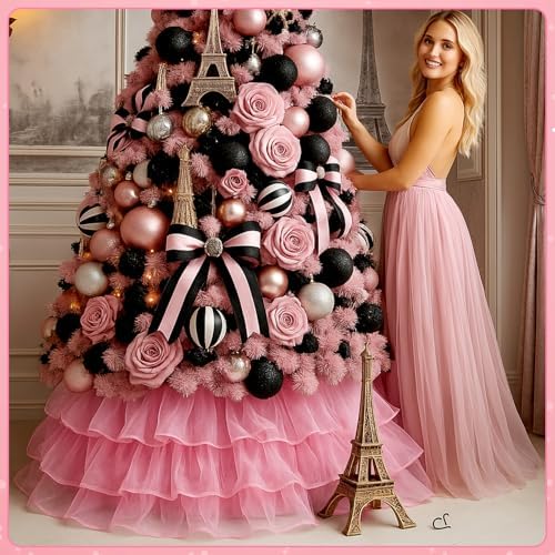 Halloscume 25 Inch Pink Tulle Christmas Tree Collar Skirt Wedding - Image 7