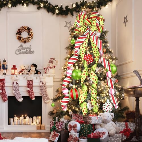 Christmas Tree Topper Wreath Bow Large Green Christmas Bow Tree Topper with Red Green Dot Patterned Gift Bows for Xmas Ornament Holiday Home Thanksgiving Indoor/Outdoor Decoration 52"x13" - Image 7
